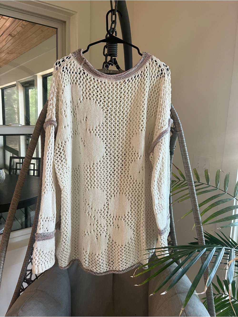 Free People Cream Open-Knit Scoop Neck Sweater with Contrast Trim - Picture 5 of 5